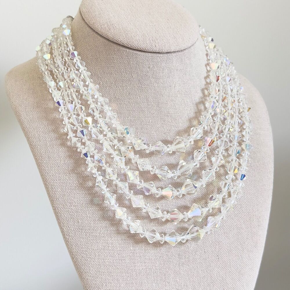 Vintage Clear Aurora Borealis AB Crystal Graduated 5 Row Multi Strand Necklace - Picture 3 of 10